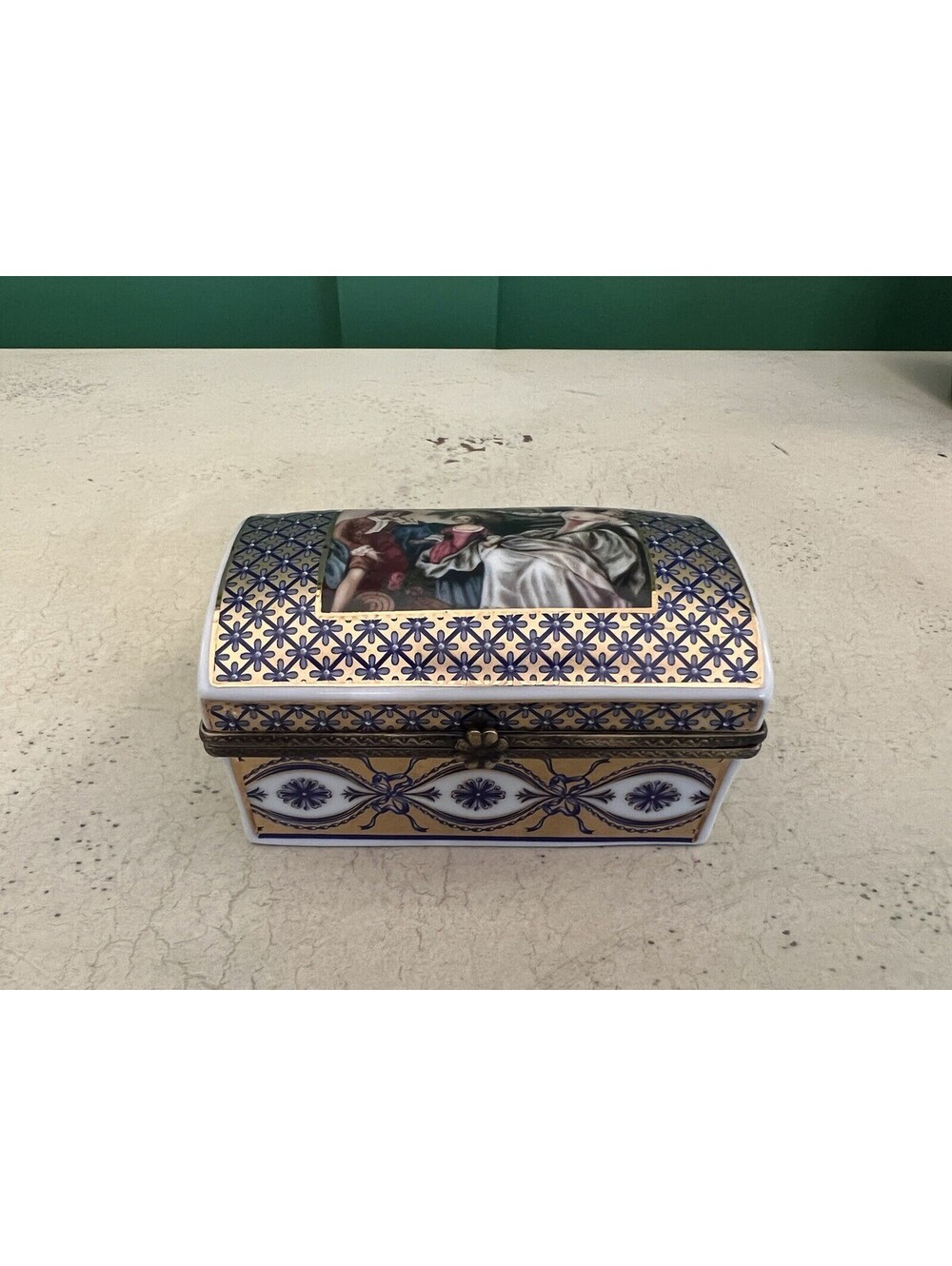 Vintage Blue & Gold Porcelain Trinket Box with Scene